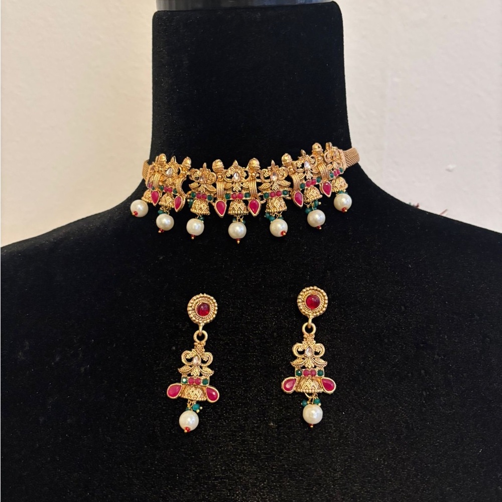 Indian Gold and Red Pearl Choker Necklace Set